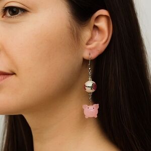 Handmade Cute Pink Pig Earrings with Floral Beads -Hypoallergenic